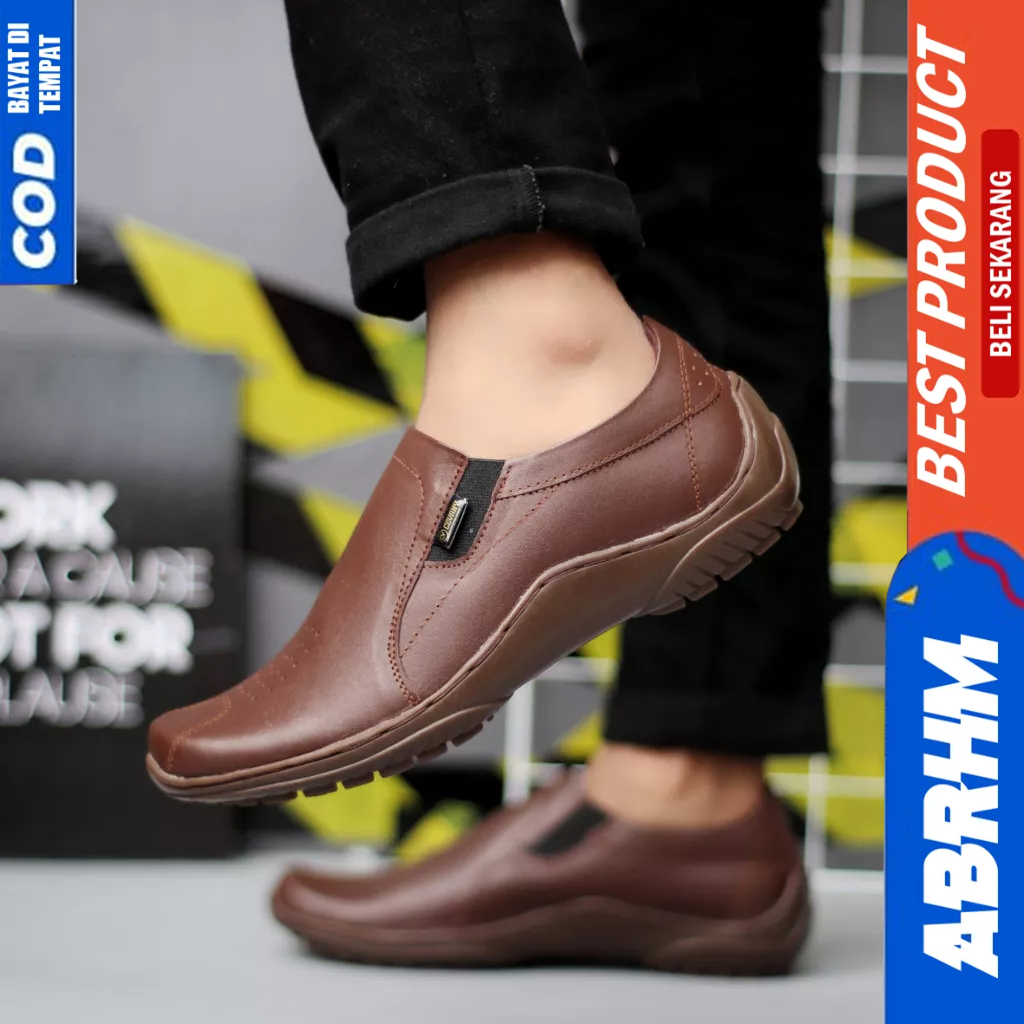 ABRHM Formal Slop Kulit Asli Pantofel Hitam Kerja Pria