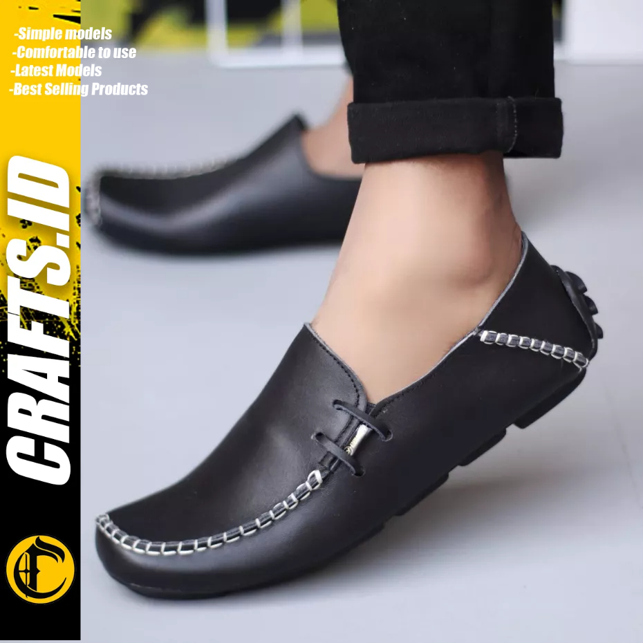 CRAFTS - Sepatu Formal Casual Slip-on Kulit Asli Hitam Pria Moclea