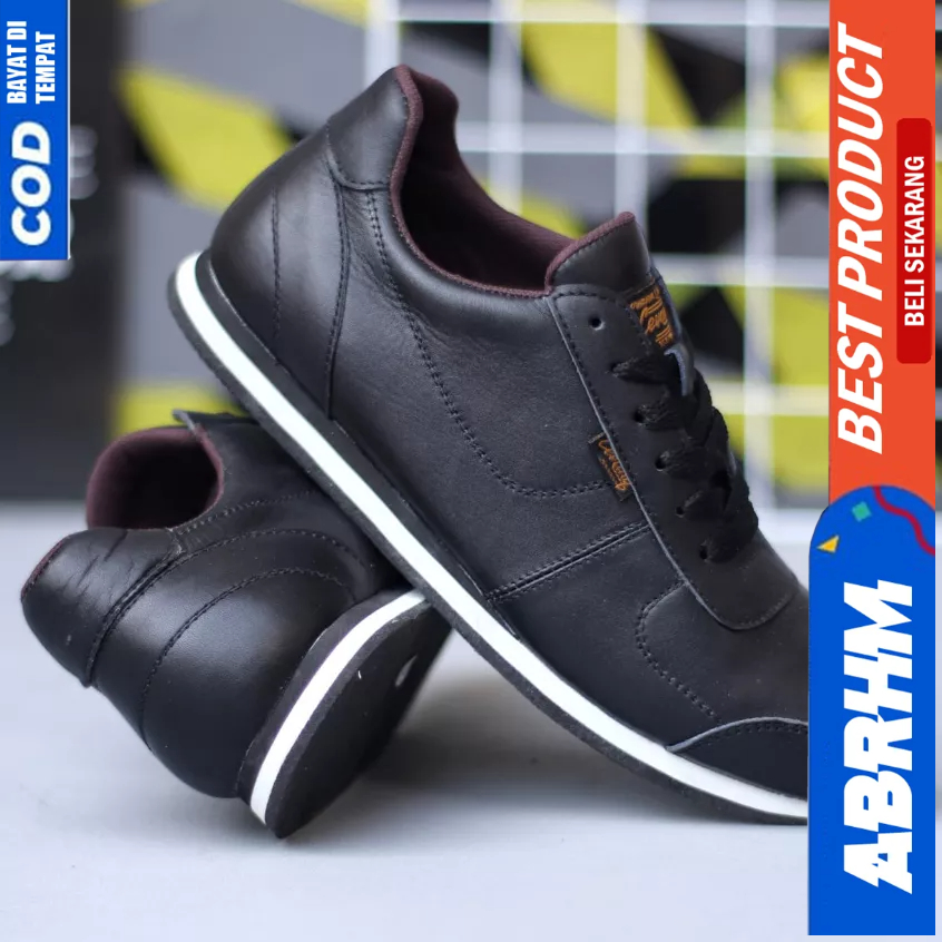 ABRHM Sepatu Casual Sneakers Hitam Kulit Asli Kerja Pria