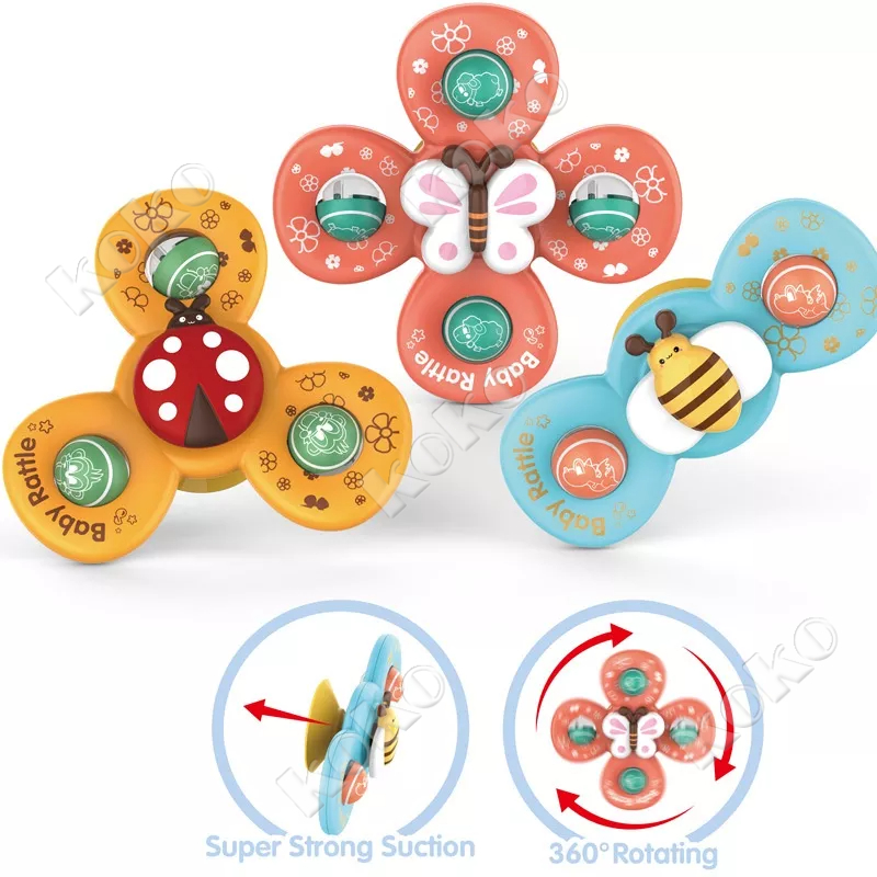 【Penjual Lokal】3PCS Anak Suction Cup Spinning Mainan Bayi Menyenangkan Rattle Teether Mainan Mandi Bayi Spinning Top Bayi Pendidikan Awal 0-3 Tahun COD