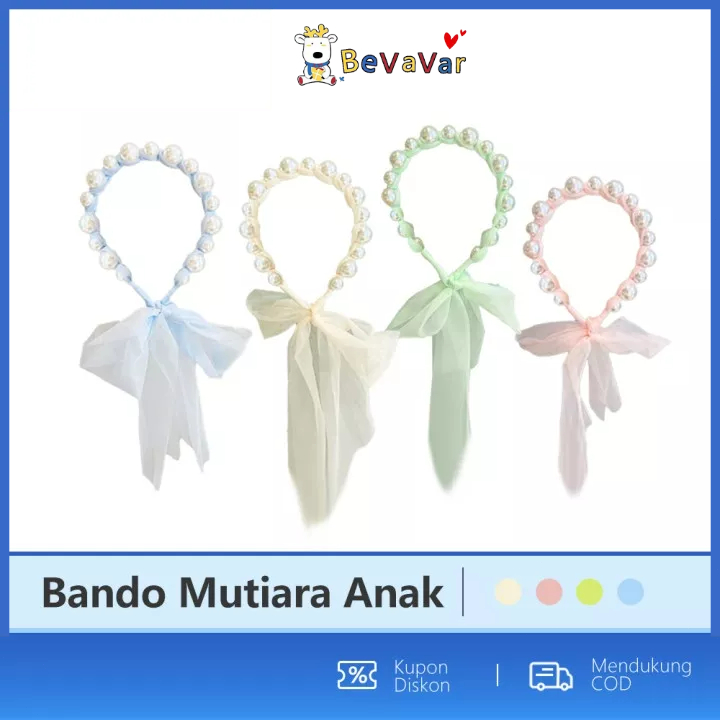 Bevavar Bando Pita Mutiara Tali Kepang/Bandana Mutiara Pita/Headband Mutiara Anak