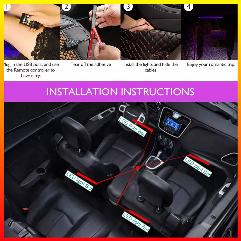 1Set Lampu Mobil LED Strip Flexible 5050 Interior Dekorasi Bawah Dashboard RGB Multicolor 12V Remot Kontrol Sensor Suara JIAMEN J47 - 7CLL47BK