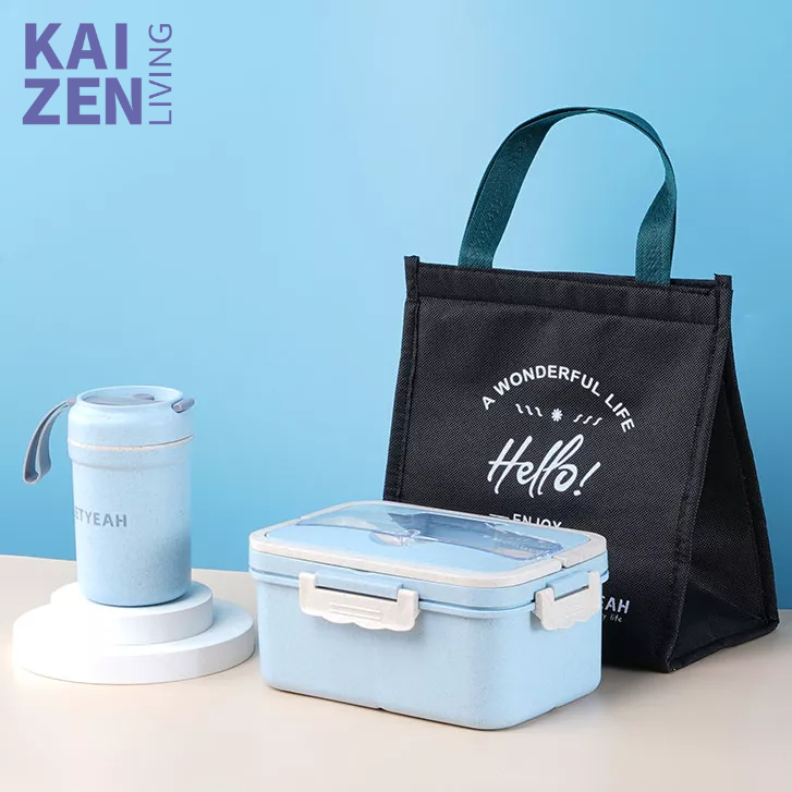 Letyeah &amp; Kaizenliving Lunch box set anti tumpah/ jerami gandum kotak makan set /lunch box tas set portable