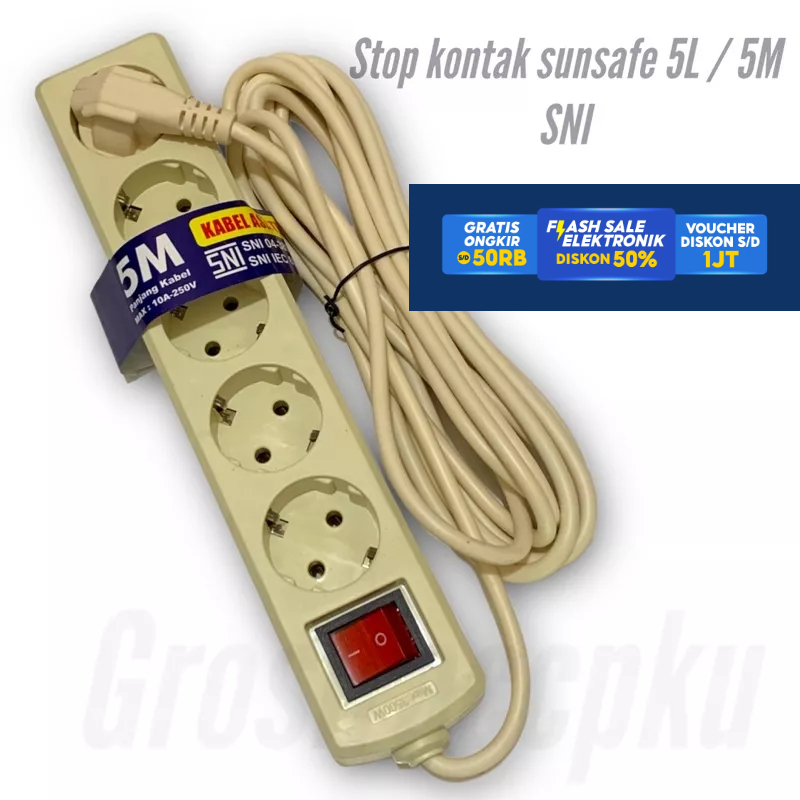 Stop Kontak Kabel Arde 3 4 5 Lobang + 5meter Meiko/cahaya/sunfree/ SUNSAFE SNI