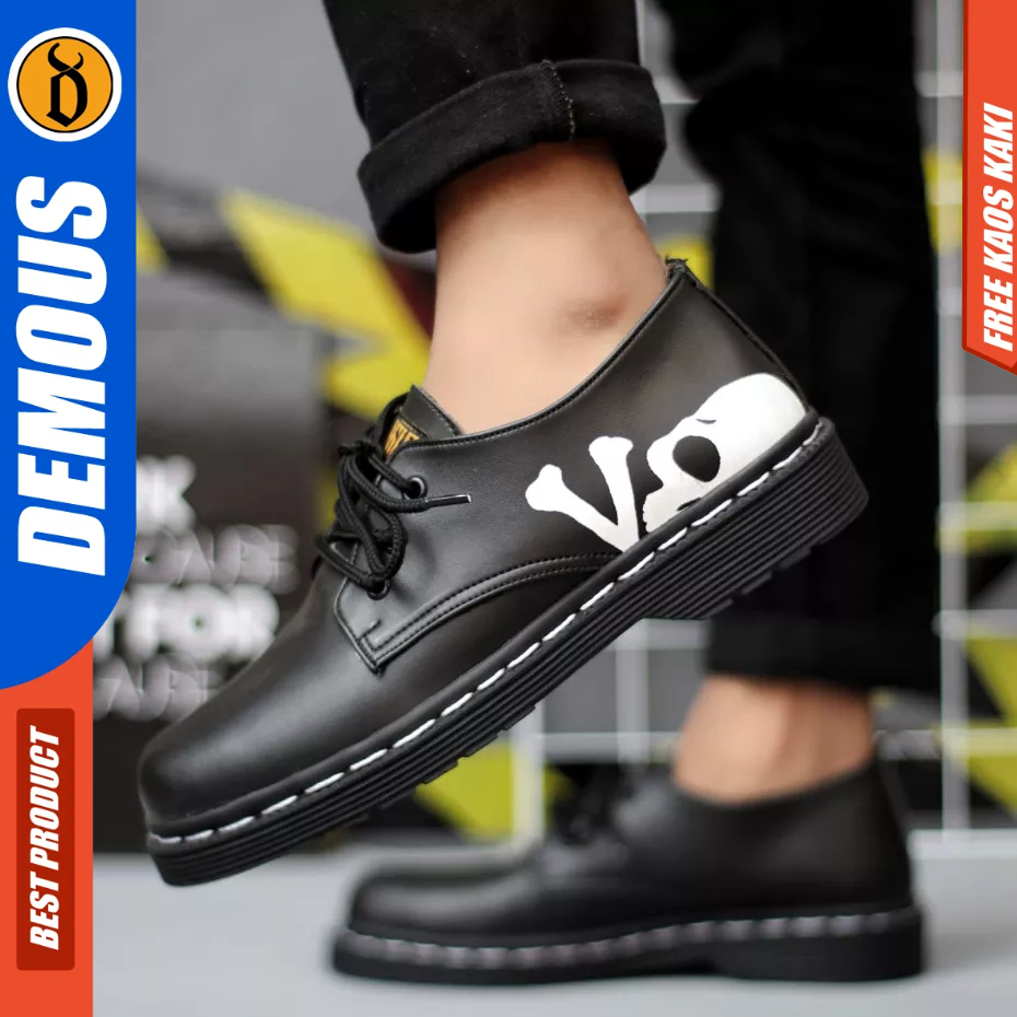 DEMOUS Skull - Sepatu Docmart Low Boots Formal Tali Hitam Kerja Pria