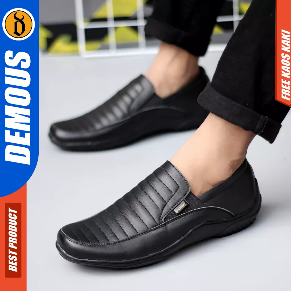 DEMOUS CORZA - Sepatu Loafers Kerja Kulit Asli Slip-on Hitam Pria