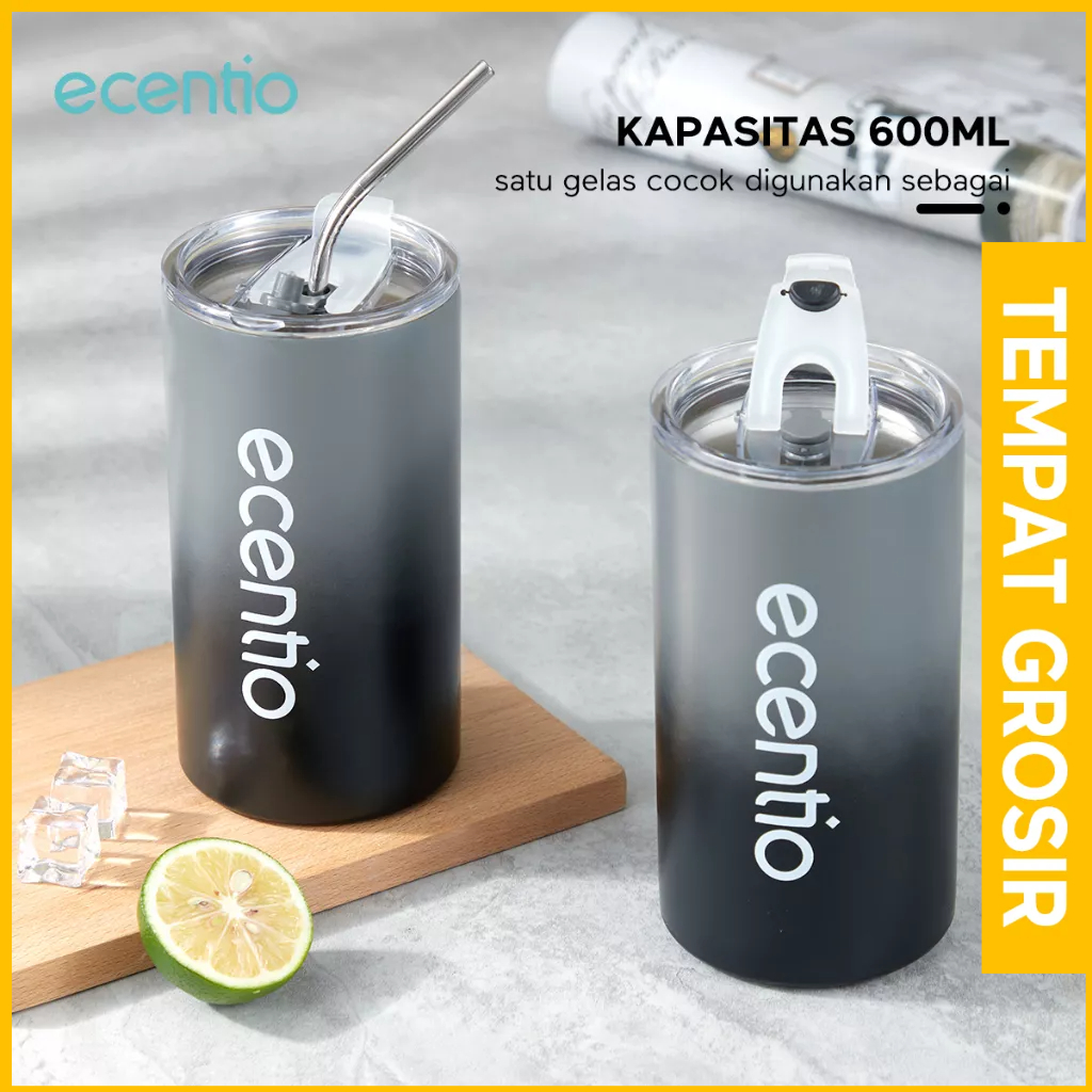 ecentio 600ml Botol Minum Stainless Steel Sedotan Cangkir Boto Minum Kopi Sedotan Cangkir Thermos Kopi coffee travel cup