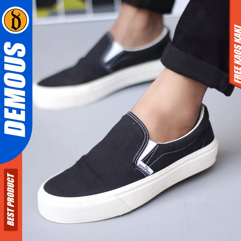 DEMOUS BRANZ - Sepatiu Casual Sneaker Slip-on Hitam Sekolah Pria