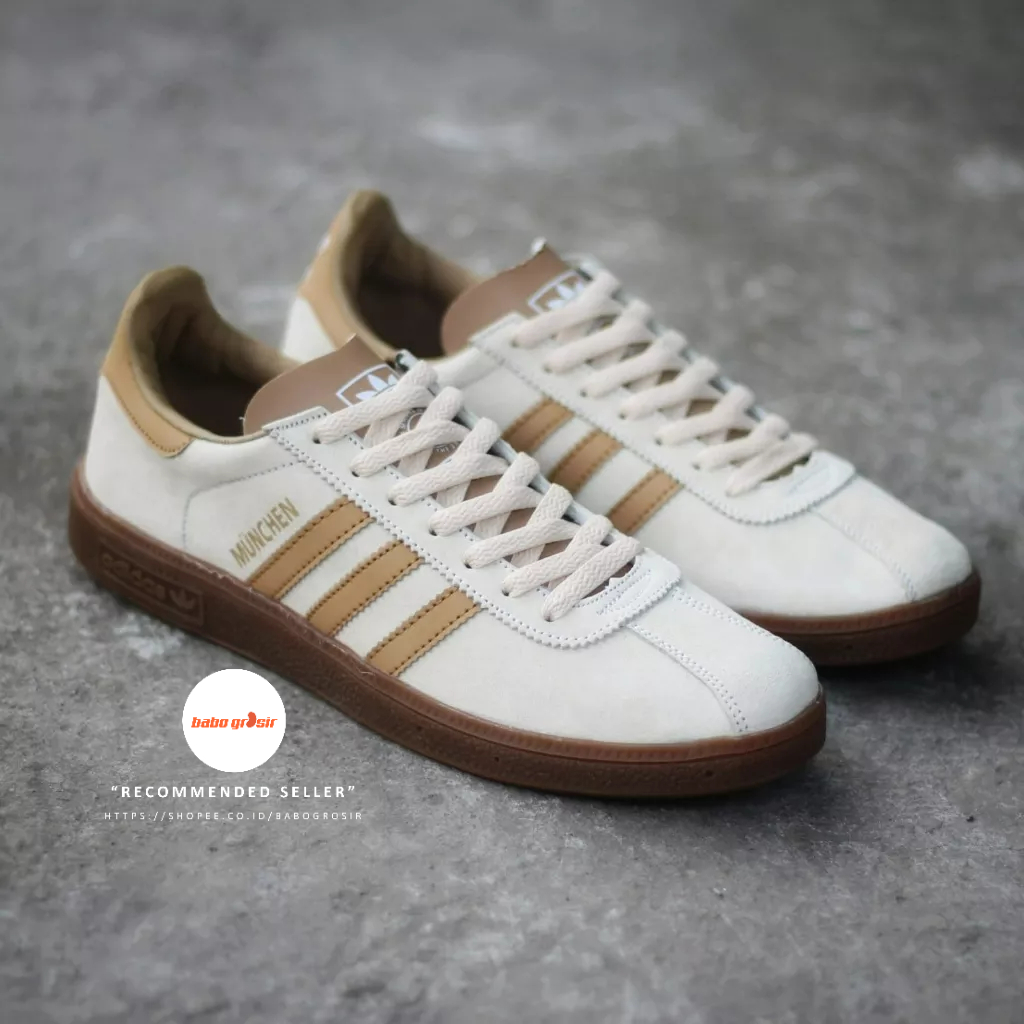 PROMO Sepatu Sneakers Adidas Munchen Cream White Beige City Series Premium TOP Quality Include Box, Bahan Kulit Suede ASLI, Harga Termurah