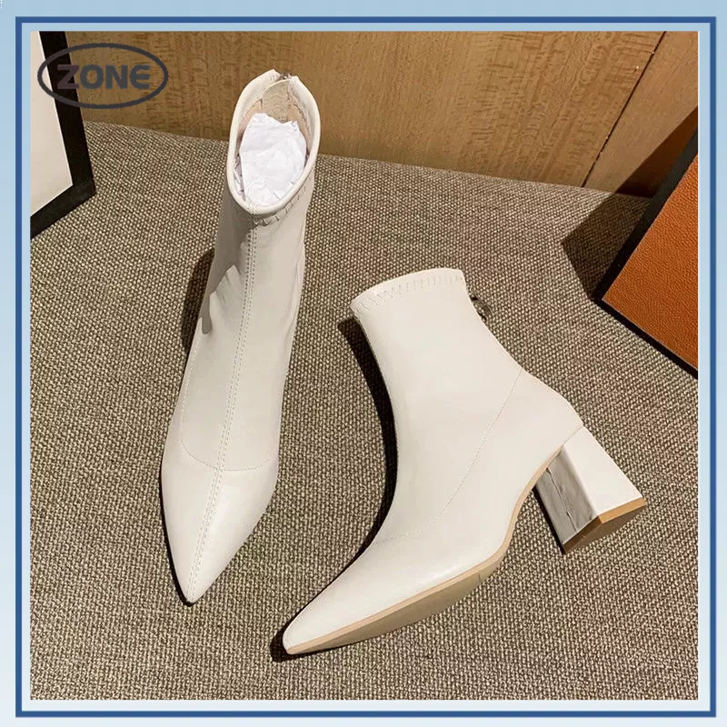 Aroana Zone Sepatu bot pendek hak tinggi putih wanita musim gugur dan musim dingin sepatu bot wanita