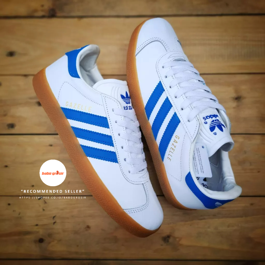 PROMO Sepatu Sneakers Adidas Gazelle White Blue Premium TOP Quality, Bahan Kulit ASLI, Harga Termurah