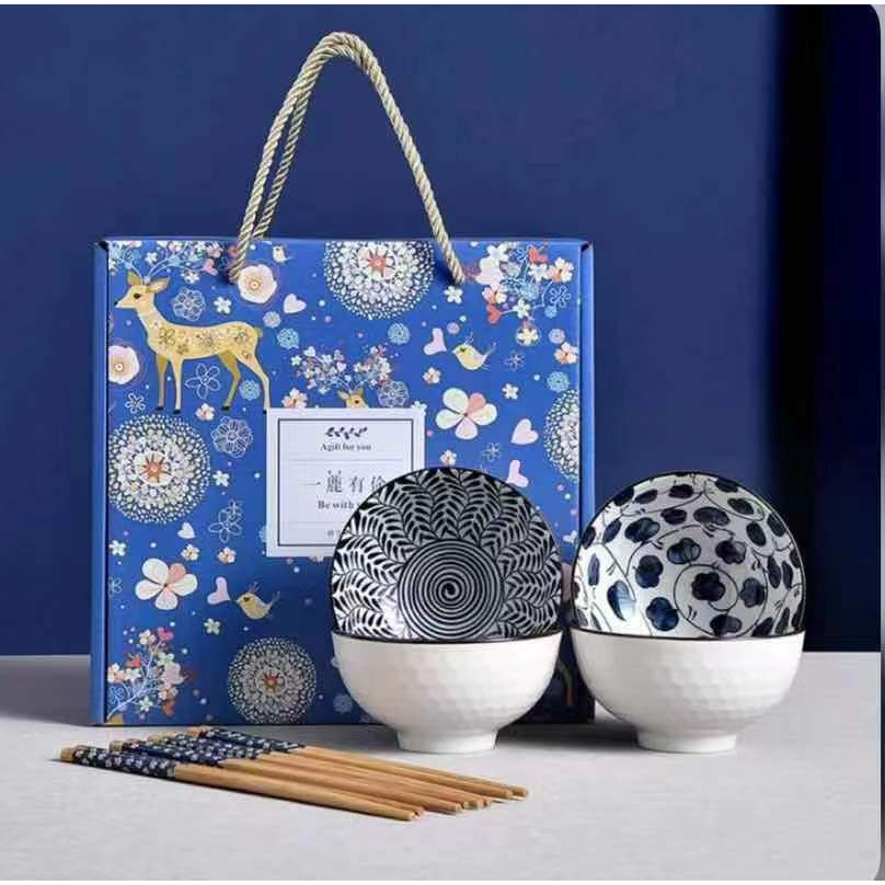 Mangkok Set Premium Bahan Keramik Style Jepang Souvenir Peralatan Makan Plus Sumpit Kayu
