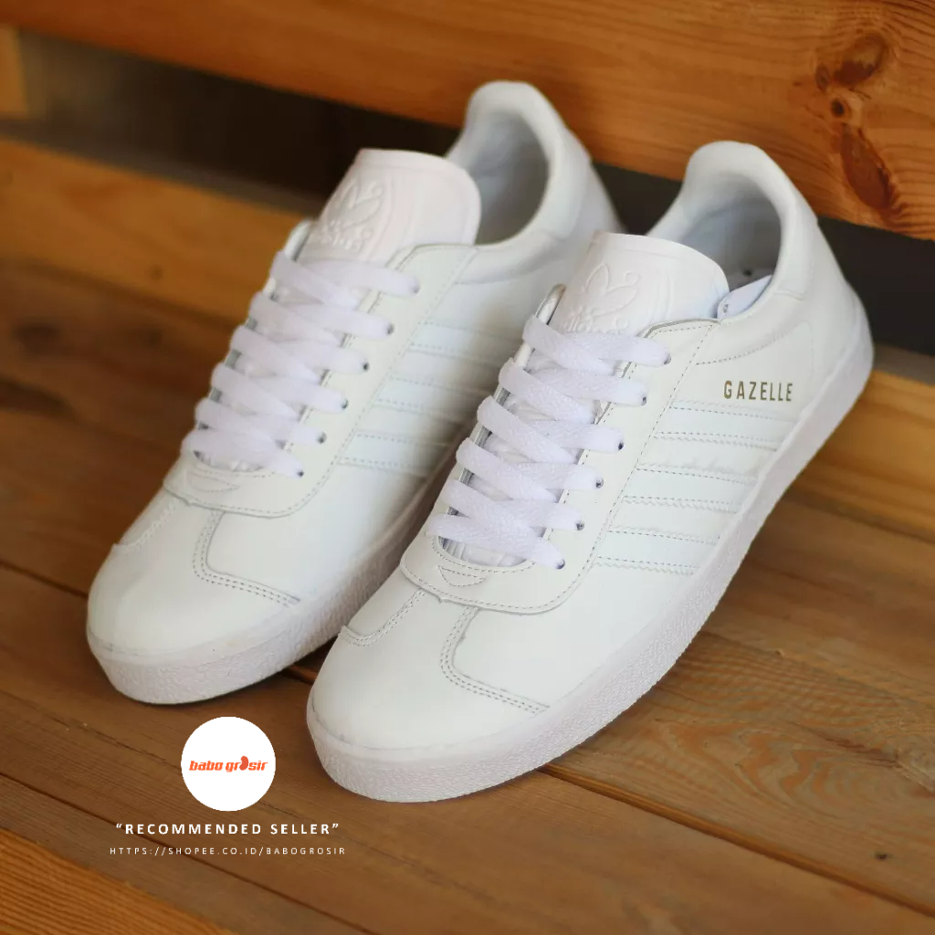 PROMO Sepatu Sneakers Murah | Adidas Gazelle Full White Premium TOP Quality, Bahan Kulit, Harga Termurah