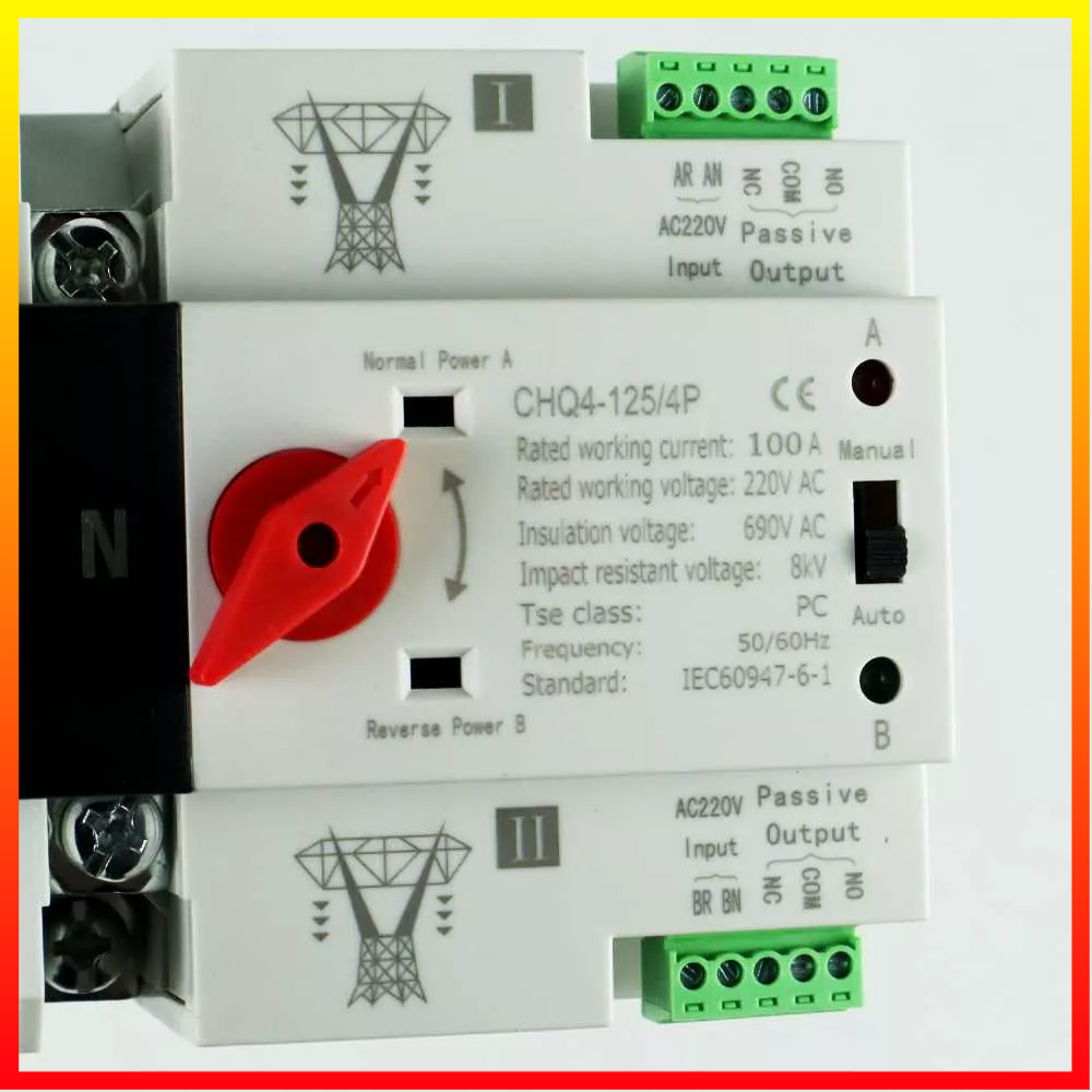 Sakelar Transfer Otomatis Daya Ganda Din Rail Generator Sakelar Pemindah Otomatis ATS 4P 100A TOMZN CHQ4-125/4P - 7CHXCZWH