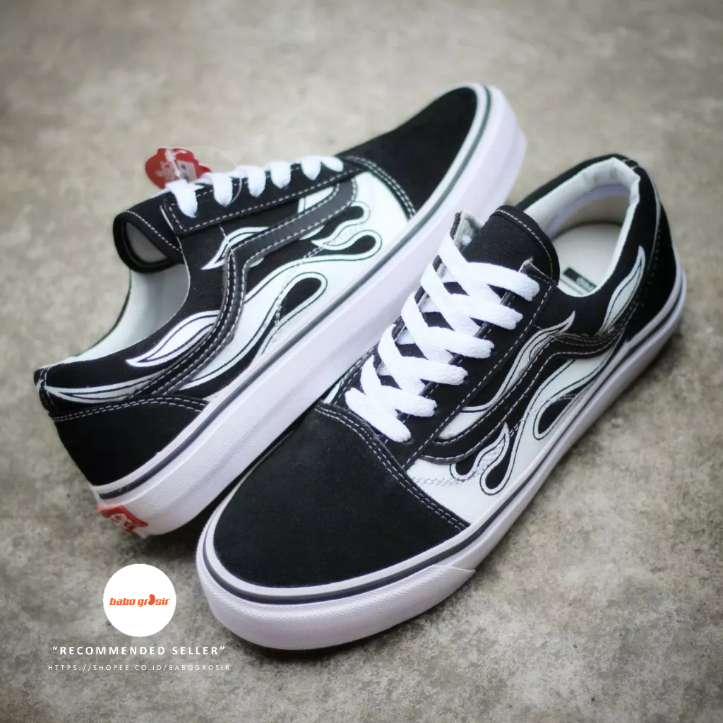 PROMO Sepatu Vans Oldskool Flame White (Api Putih), Upper Kanvas, Kulit Suede, Sol Waffle DT Anti Slip, Premium Import Quality Tag Made in China, Harga Termurah