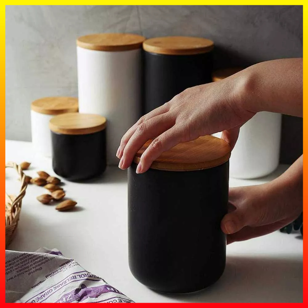 Stoples Toples Penyimpanan Kopi Keramik Putih Dan Hitam Gengan Tutup Kayu Peralatan Dapur Rumah Tangga CJ26 - 7CHZI6BK