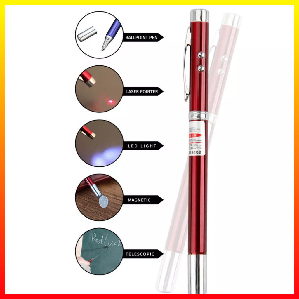 Pulpen Multifungsi Pena 5 In 1 Red Laser Pointer Retractable Antena Teleskopik Pengajaran Pointer Pena Magnet Senter Led Logam XL-14046 - 7RLP0BBK