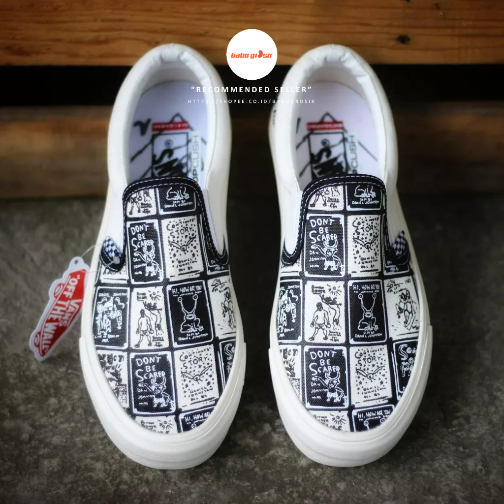 PROMO Sepatu Slip On Pria Wanita | Vans Slip On Daniel Johnston Premium Import Quality Include Box, Upper Kanvas, Waffle DT Anti Slip, Tag Made in China, Harga Termurah