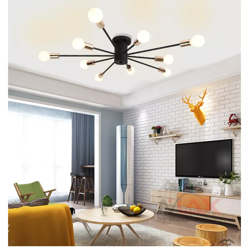 MATCHER Lampu Plafon Gantung Hias Gaya Retro Antik ruang tamu cafe dan Hotel Bahan besi anti karat Premium tahan lama lampu langit Langit kamar tidur Retro Iron Chandelier Satellite Ceiling Light Lustre 6 8 10 Lighting Vintage Black Spider Modern Home