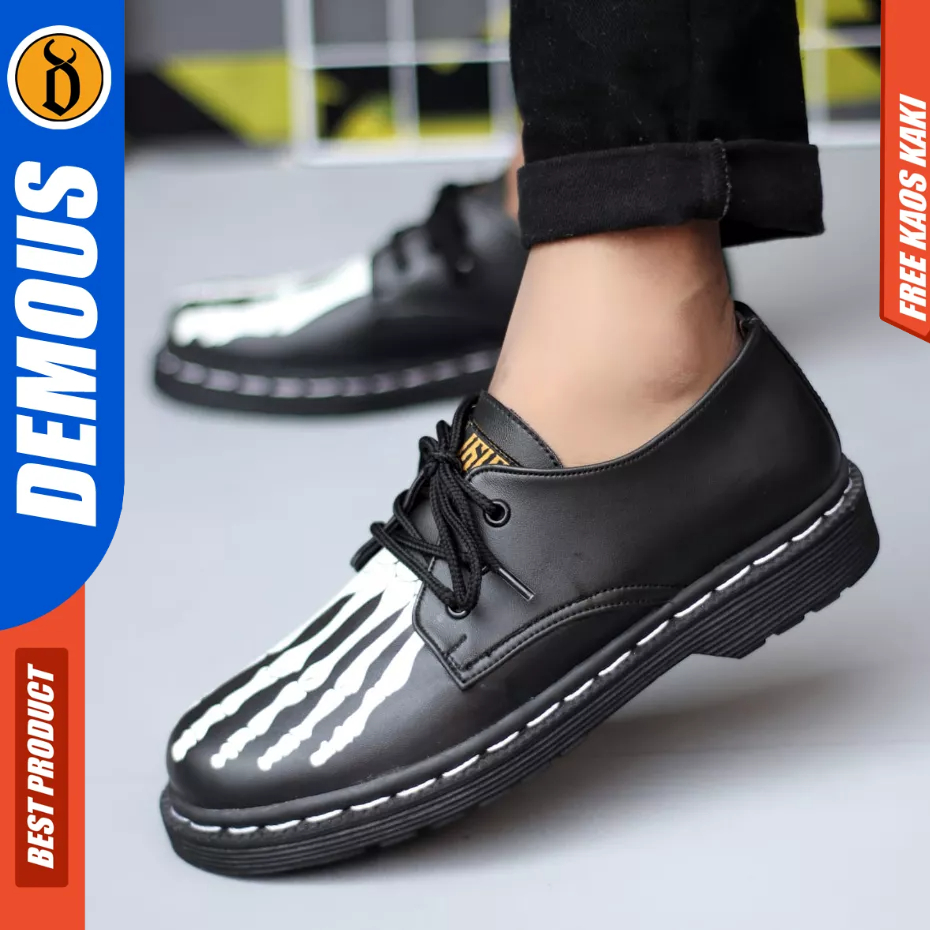 DEMOUS Skull - Sepatu Docmart Low Boots Formal Tali Hitam Kerja Pria