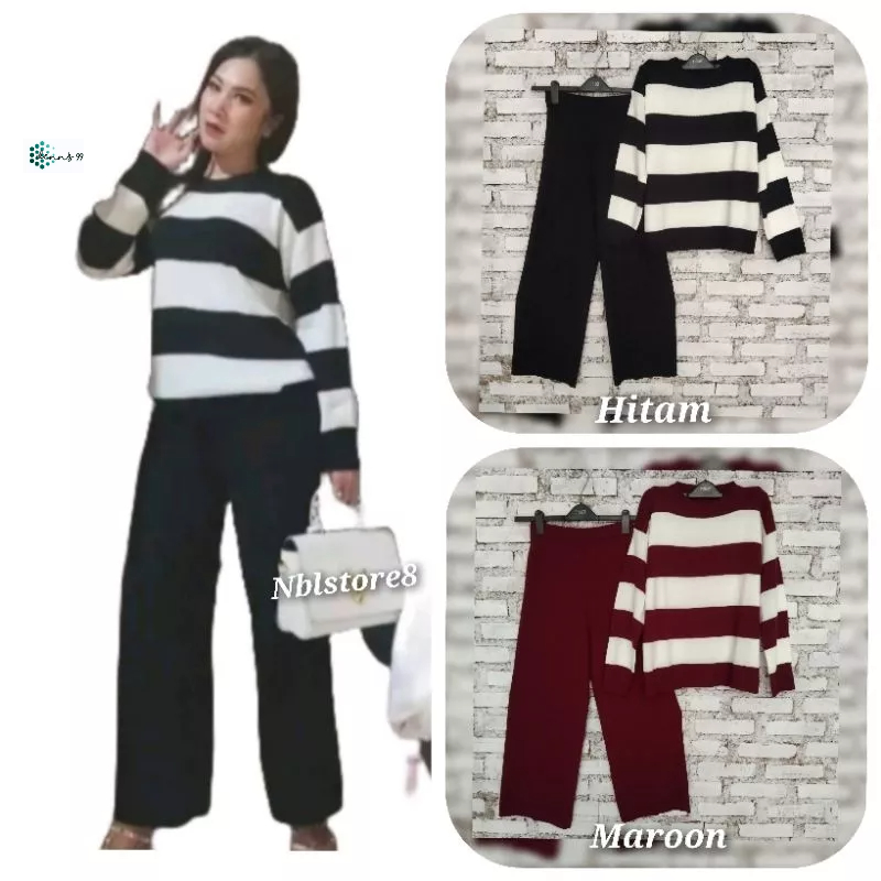 ONE SET CELANA KULOT + SWEATER STRIPE / STELAN RAJUT WANITA