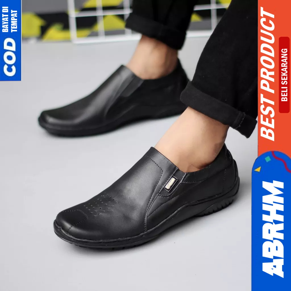 ABRHM Formal Slop Kulit Asli Pantofel Hitam Kerja Pria