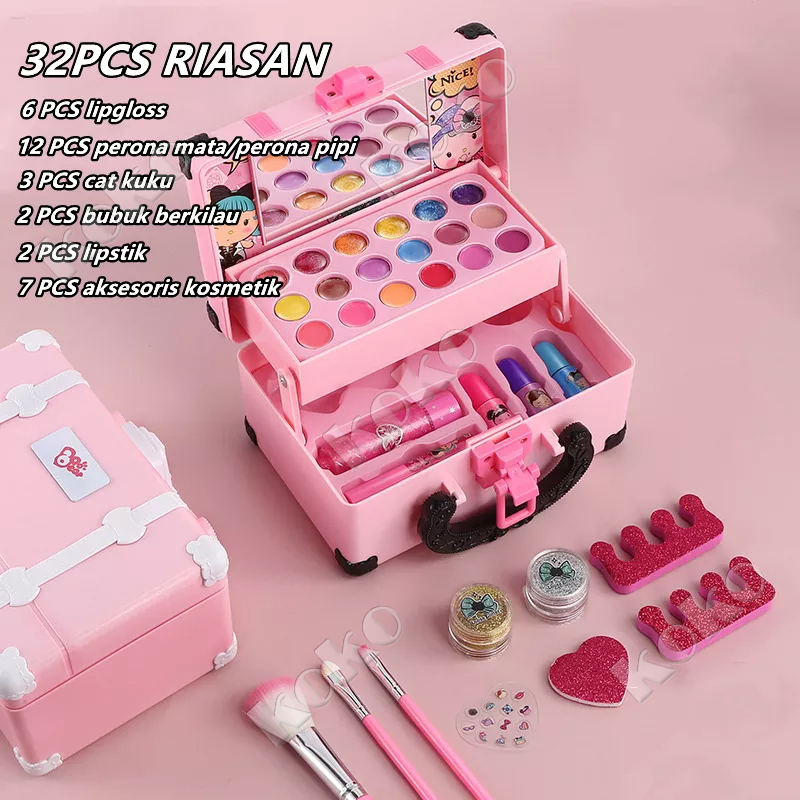 【Penjual Lokal】32Pcs Mainan Kosmetik Kecantikan Anak Kasus Peralatan Tidak Beracun Kotak Make Up untuk Gadis Ulang Tahun Hadiah Set Riasan Mainan Ana k Perempuan Make Up Tas Kosmetik Lipstick Eye Shadow Makeup