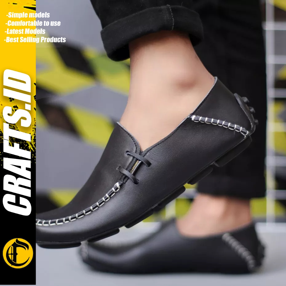 CRAFTS - Sepatu Formal Casual Slip-on Kulit Asli Hitam Pria Moclea