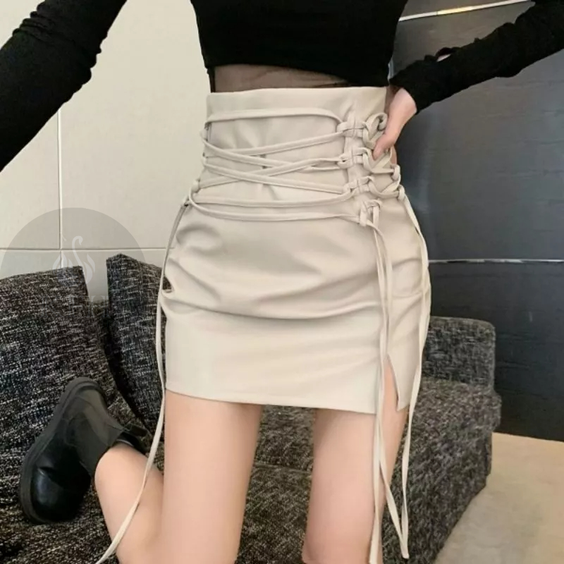 Rok Wanita Rok Pensil Slimfit Body Highwaist Fashion Rok Serut Tali Rok Kulit Korea Sexy Streetwear 