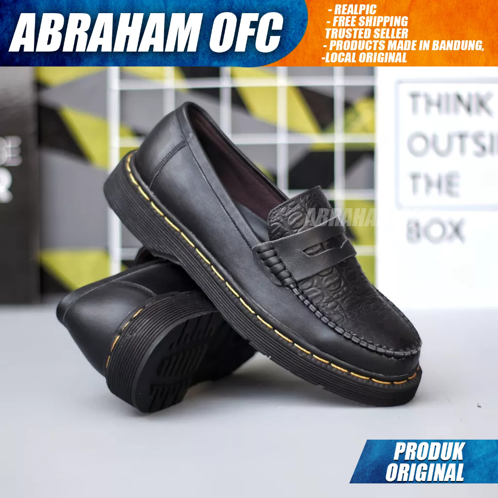 ABRAHAM Sepatu Docmart Loafers Kulit Asli Formal Pantofel Hitam Kerja Pria