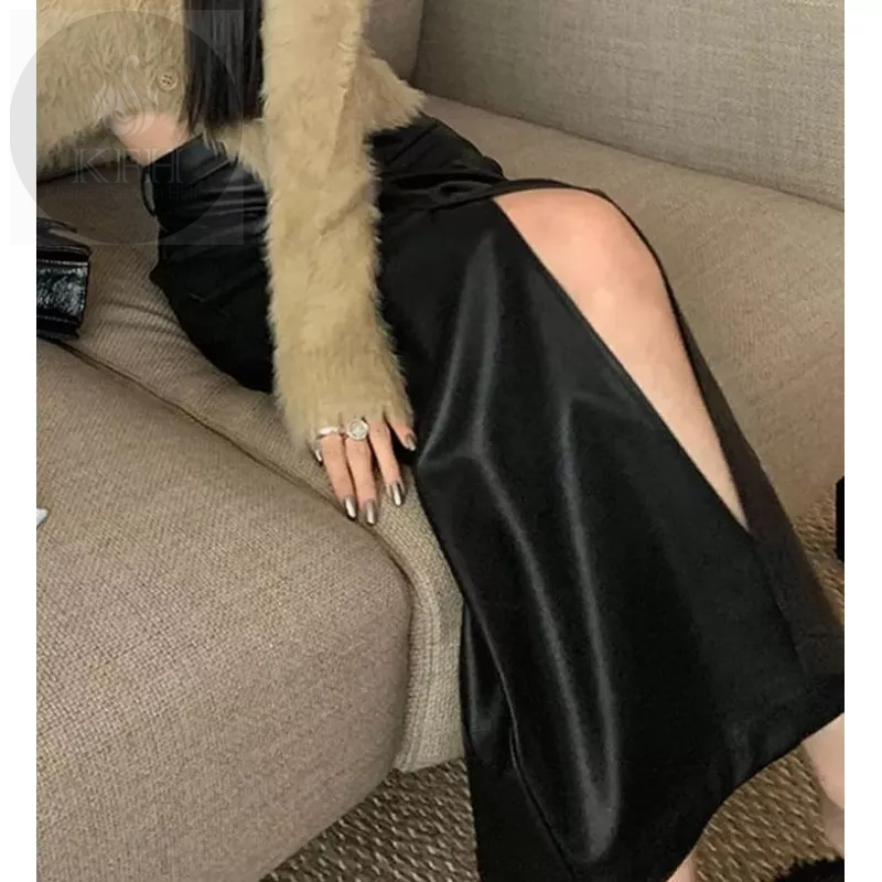 Rok Kulit Panjang Rok Span Kulit Rok Maksi Kulit Sintetis KFH Straight Elegan Split Belahan Depan Ti