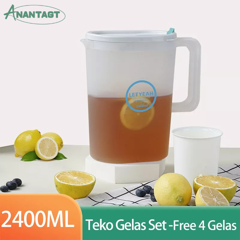 Letyeah &amp; Anantagt teko set jus air teh kopi/Water Jug plastik dengan 4 cangkir 2400ml/pitcher air Plastik