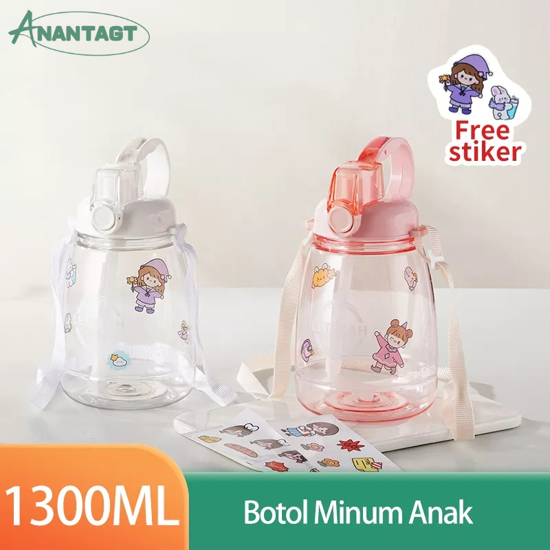 Letyeah &amp; Anantagt Botol minum anak dengan sedotan tali kapasitas besar transparan 1300ml free stiker