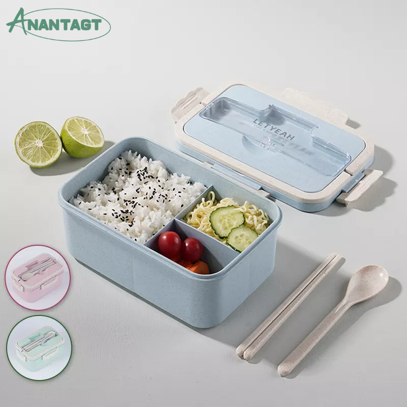 Letyeah &amp; Anantagt Kotak Makan Set Jerami Gandum 1500ml BPA FREE/Lunch Box anak kerja Multifungsi/tempat bekal makanan anti tumpah microwave