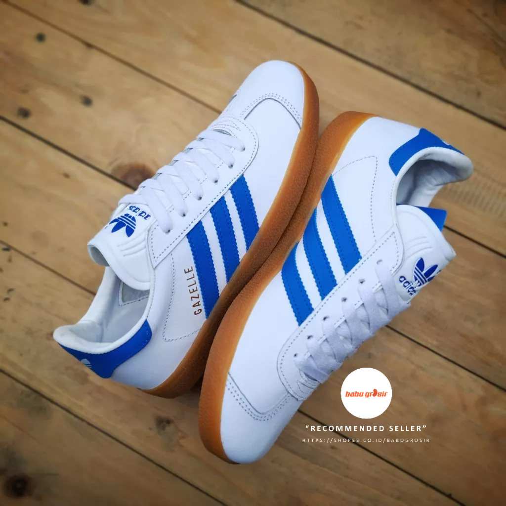 PROMO Sepatu Sneakers Adidas Gazelle White Blue Premium TOP Quality, Bahan Kulit ASLI, Harga Termurah