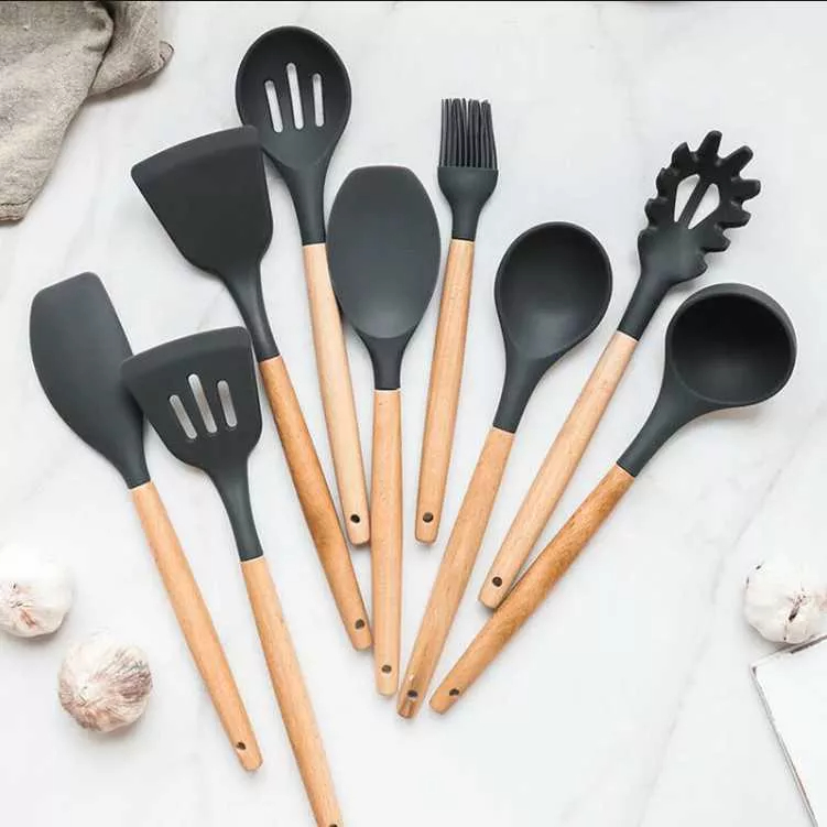 GLANYOMI Set (9 pcs) Spatula Sodet Plastik Silicone anti panas BPA FREE untuk pengorengan dan panci lapis Teflon tidak merusak peralatan dapur sendok sayur sendok spaghetti rebus sayur kualitas bagus untuk profesional chef FDA certificate tidak beracun