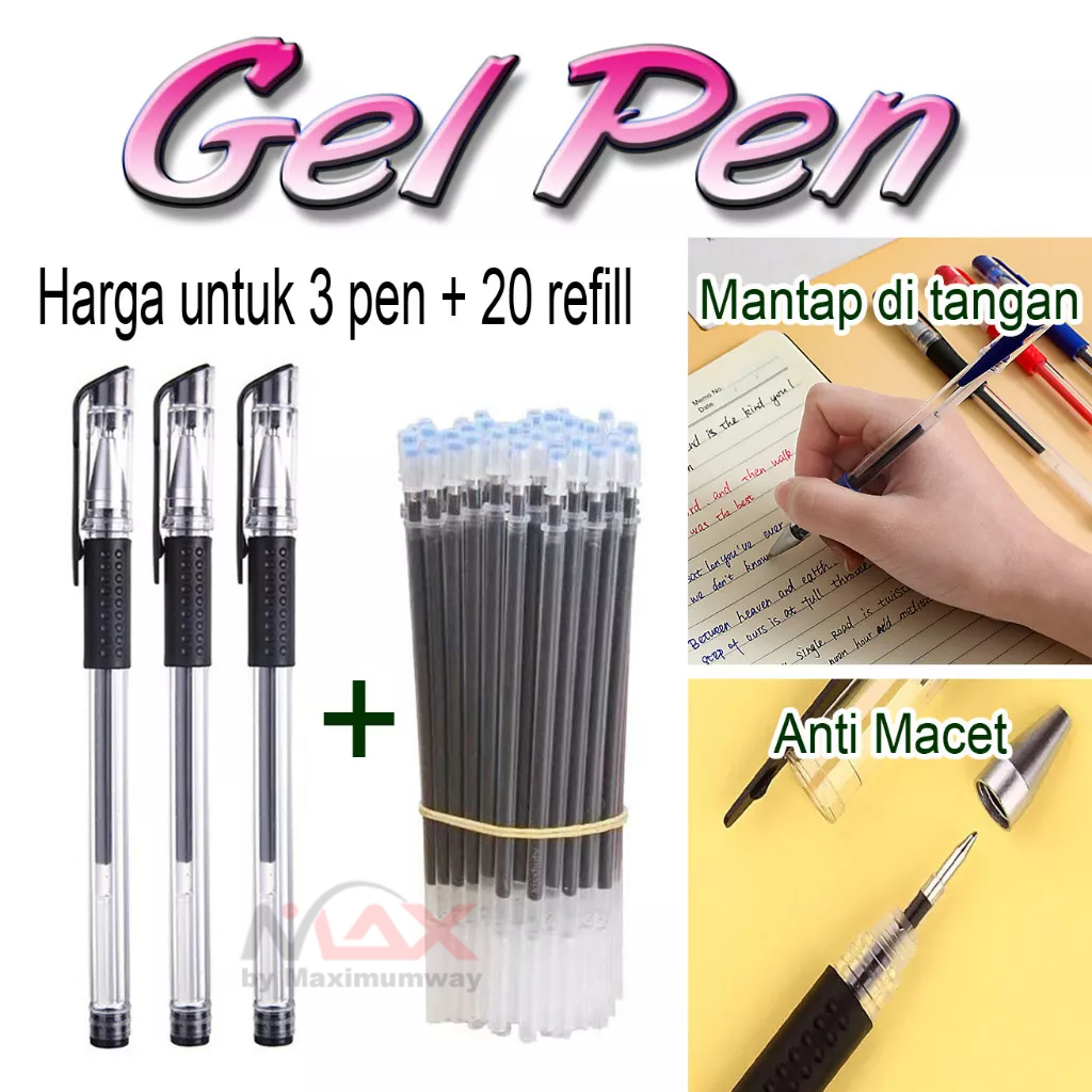 GELPEN Pulpen Gel anti Macet (harga untuk 3 pen + 20 refill) 0.5mm tahan lama halus lancar bisa untuk tanda tangan dan isi formulir dengan baik tahan lama pen tinta gel ballpoint alat tulis premium teknologi baru harga grosir super murah barang baru