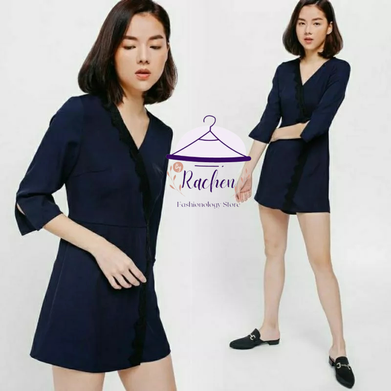 LOVE, BONITO ~ JP Jumpsuit Renda Feia Lace Trim Foldover Playsuit Romper in Navy