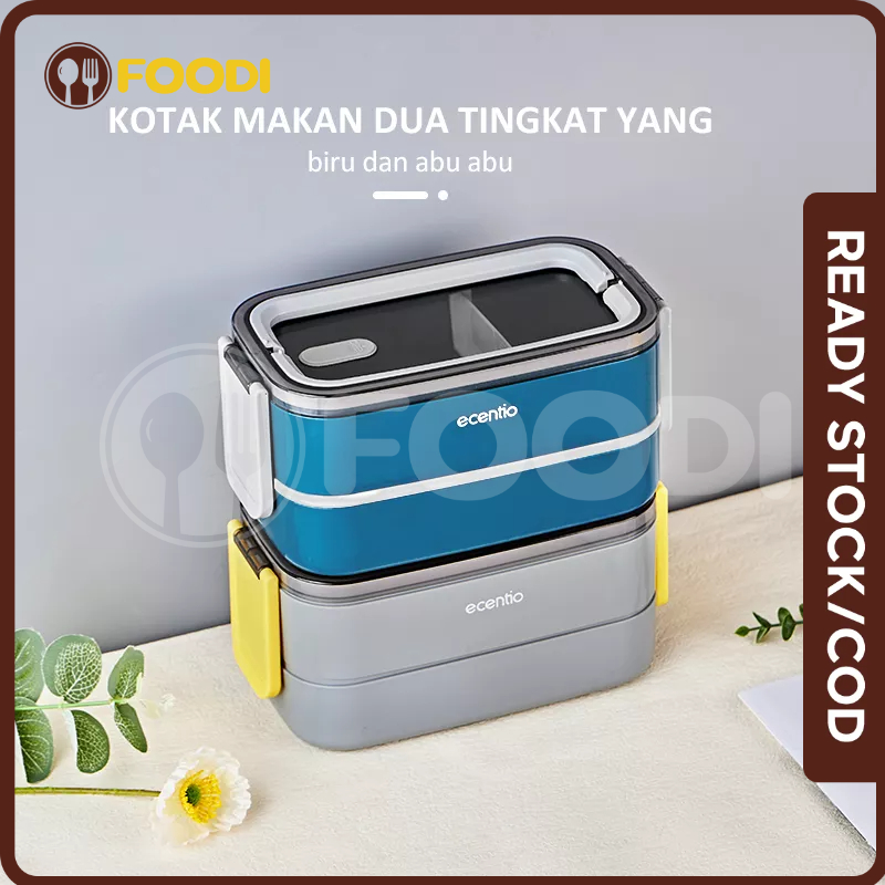 ecentio &amp; FOODI tempat makan anak sekolah 2 susun 1600ml Dark Biru kotak makan siang dua lapis/330ml tempat sup cangkir sup