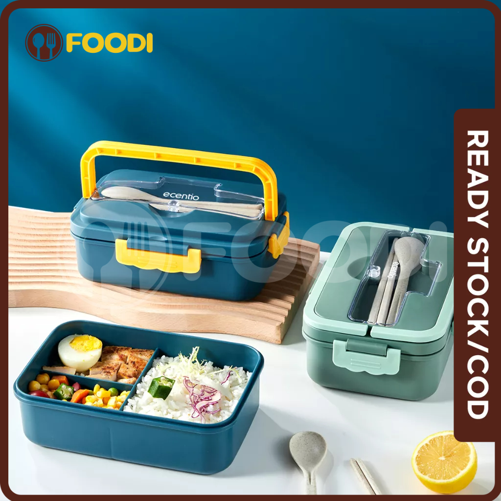 ecentio &amp; FOODI tempat Kotak Makan Set portable 3 Sekat 1000ml botol minum 330ml 2pcs /Lunch box Anti Tumpah Tepak Makanan/PBA free