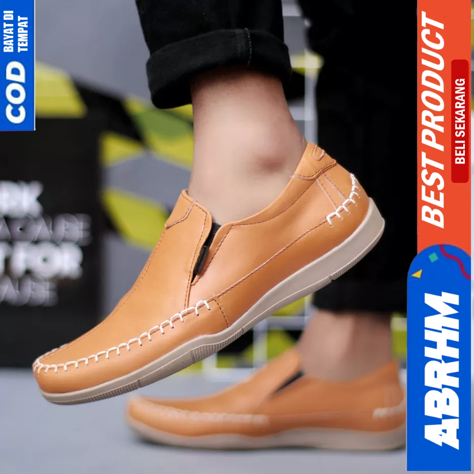 ABRHM Sepatu Casual Formal Slop Kulit Asli Pantofel Kerja Pria
