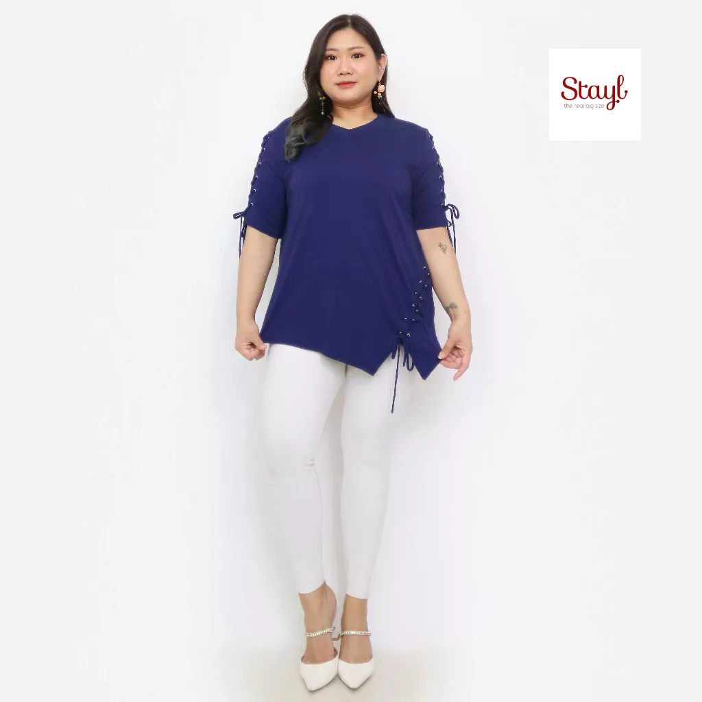 STAYL Kaos Wanita Big Size Summer T Shirt LD 120 130 Atasan Blouse Adem Simple Jumbo Rayon Spandex Lengan Pendek Model Vneck Variasi Eyelet Dan Tali Terbaru