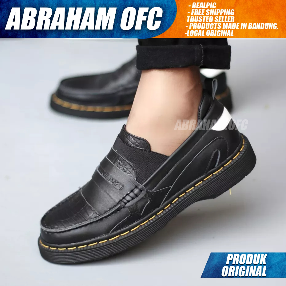 ABRAHAM Sepatu Loafers Docmart Casual Kulit Asli Formal Pantofel Hitam Kerja Pria