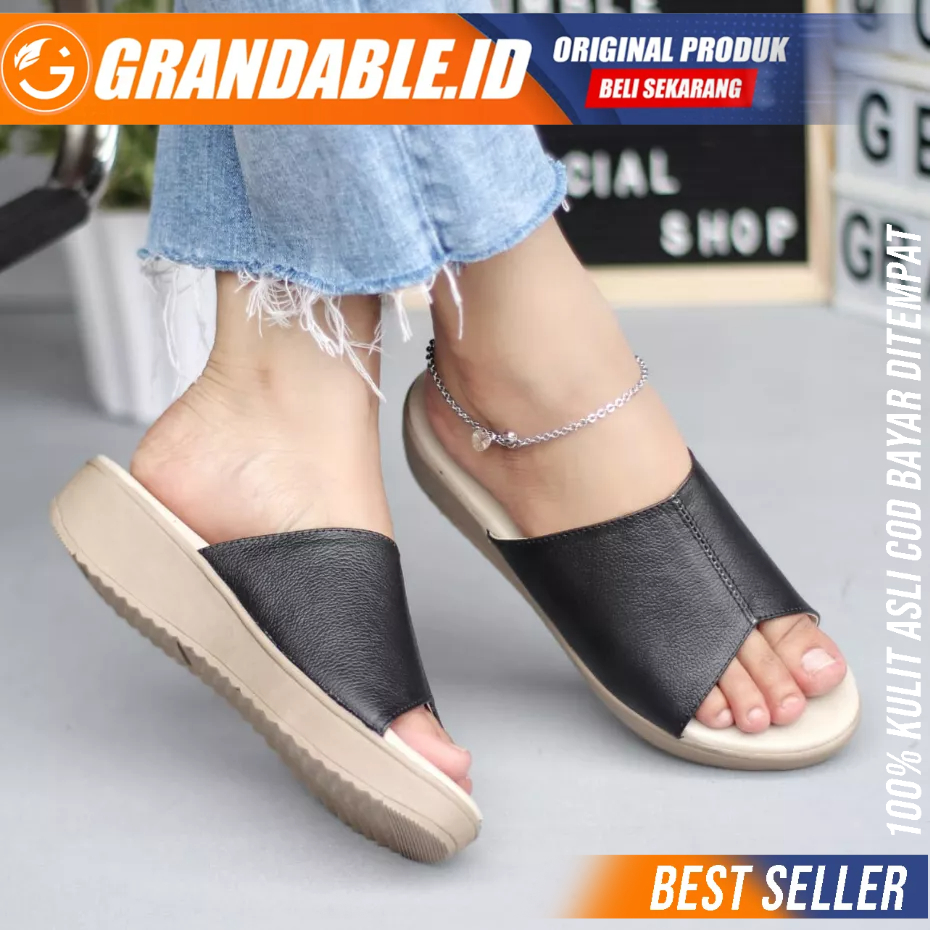 Sepatu Sandal Wedges Kokop Slide Hak 3cm Kulit Asli Wanita RAINA