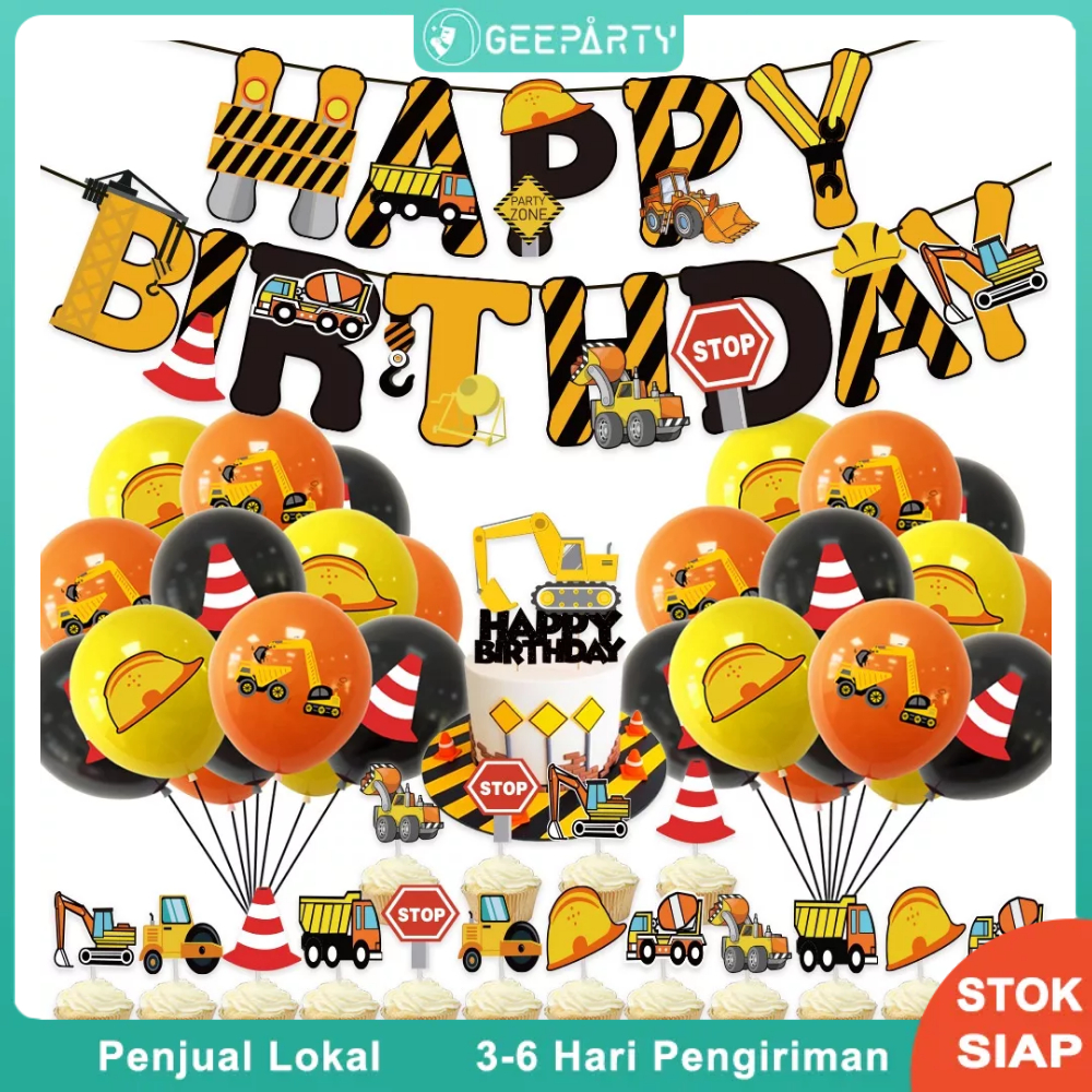 Topper Kue Spanduk Balon Konstruksi untuk Dekorasi Pesta Ulang Tahun Teknik Perlengkapan Bantuan