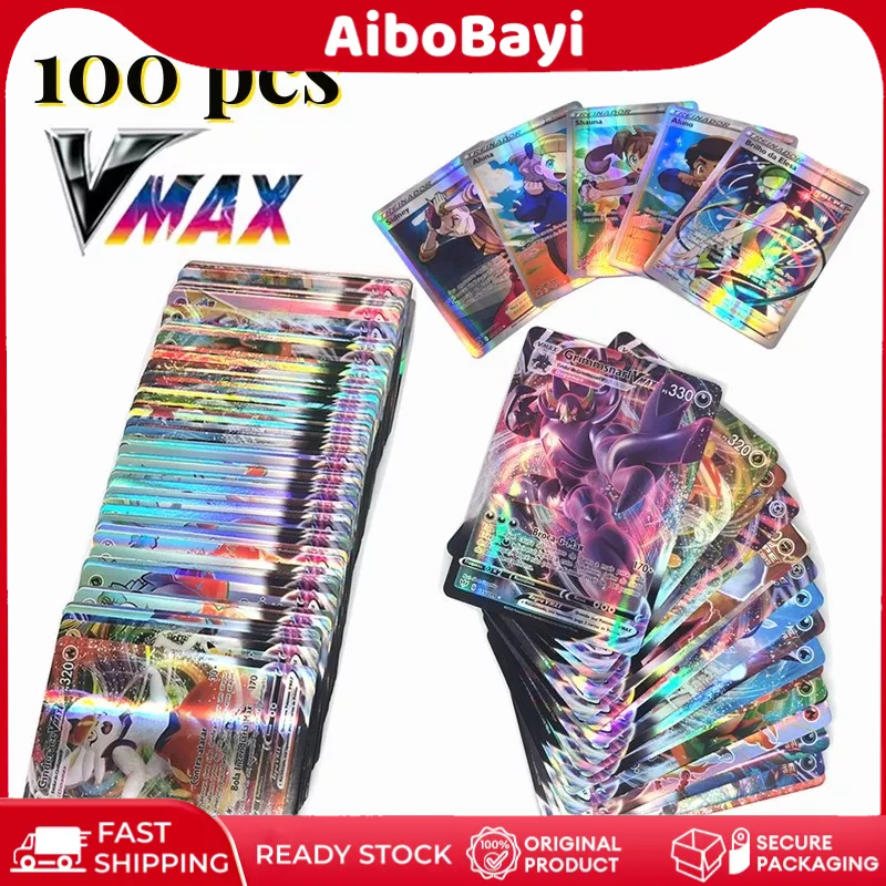 100pcs Pokemon Vmax Cards/Kartu Pokemon TCG Vmax Mega EX GX/Pokemon Shiny Cards/Kartu Laser Pokemon