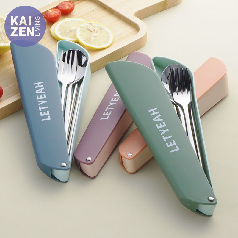 Letyeah &amp; Kaizenliving Cutlery set stainless travel portabel 3 in 1 / alat makan dengan rotatable box