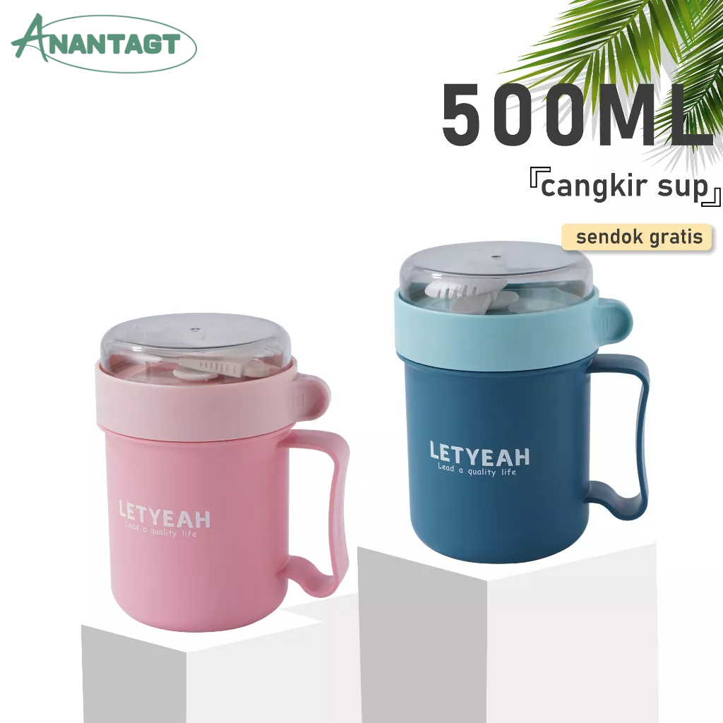 Letyeah &amp; Anantagt cangkir sarapan 500ml sendok gratis/cangkir sup Kopi Susu Oatmeal Multifungsi/cangkir sup anti tumpah portable Transparan/sup cup breakfast cup