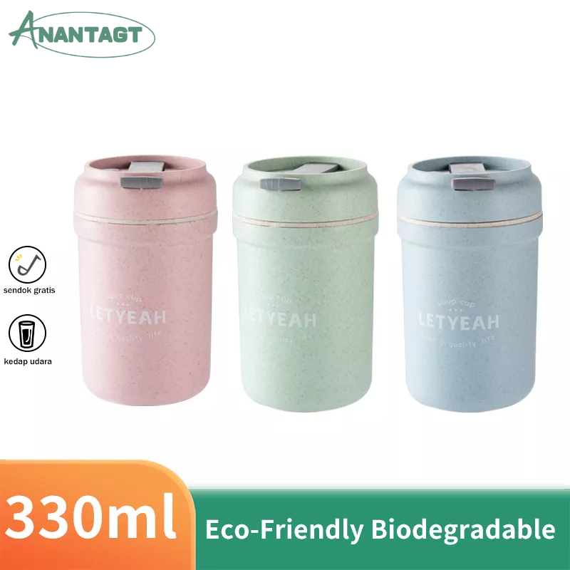 Letyeah &amp; Anantagt cangkir sup portable tahan panas/Mangkuk Sup Jerami Gandum/Cangkir Sarapan Anti Tumpah Free sendok 330ml BPA FREE