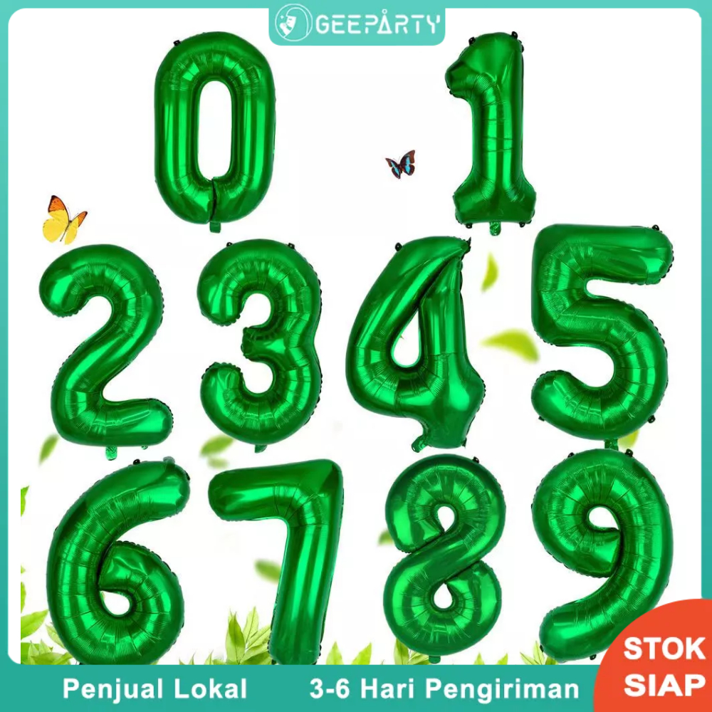 32 inci Hijau Helium Foil Balon Nomor Bentuk Balon Foil Angka 0-9